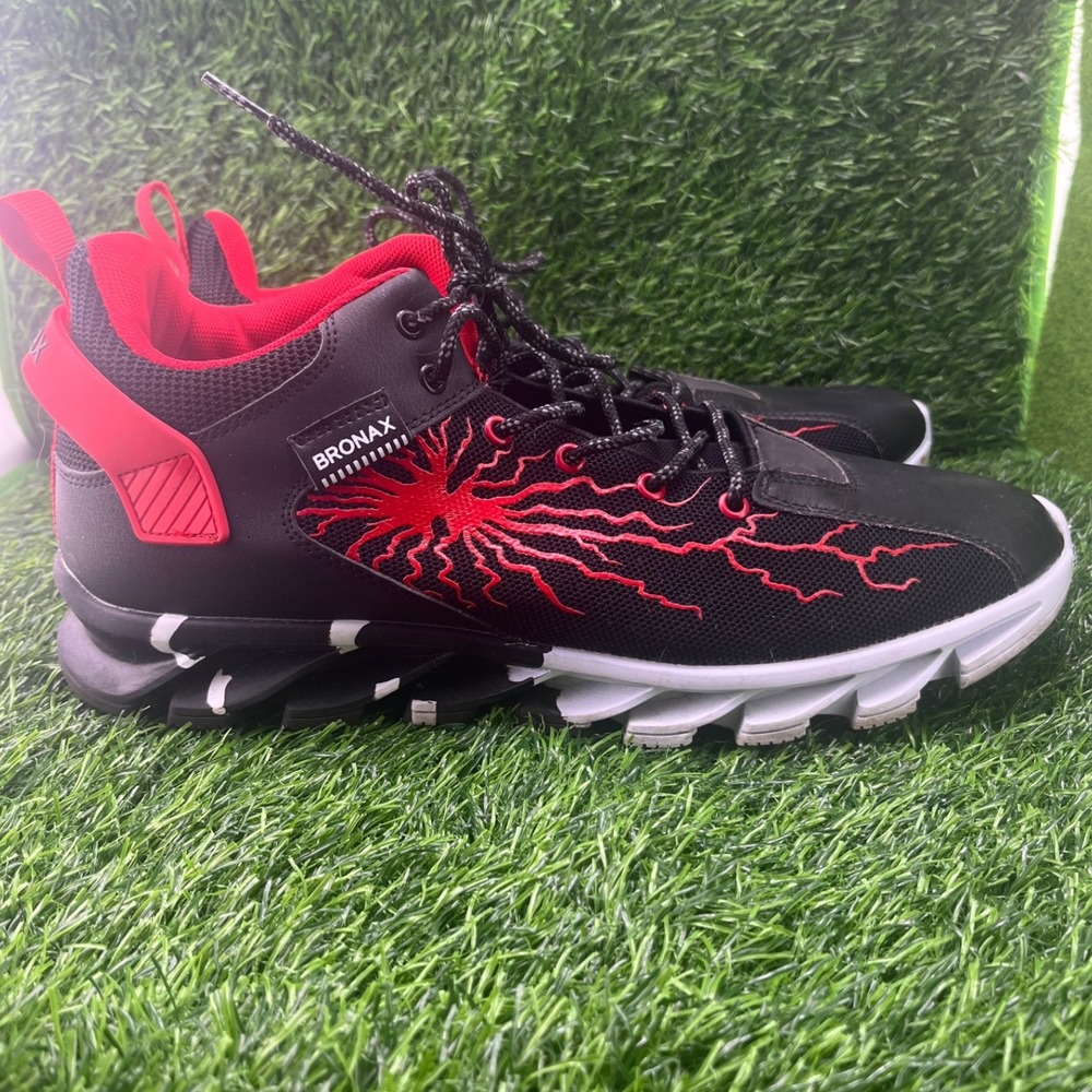 Bronax Men's Black Red Lightning Design Lace Up Athletic Sneakers Size 47
